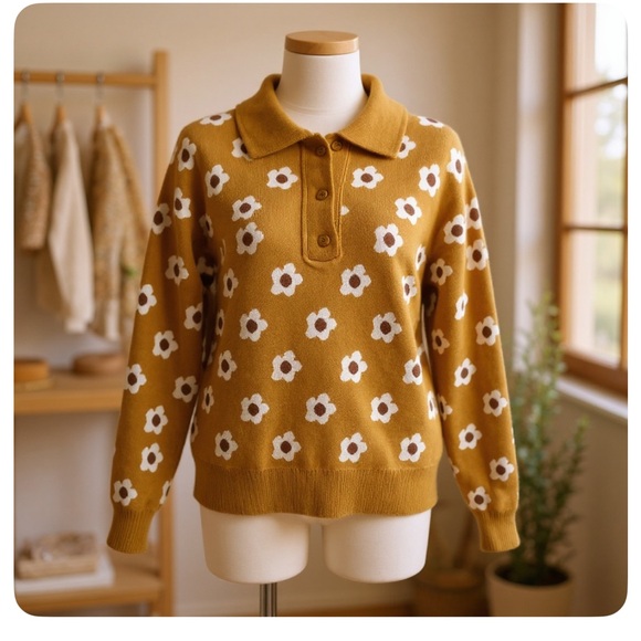 polygram Sweaters - Polagram: Floral Mustard Pull Over Sweater with collar Size M
